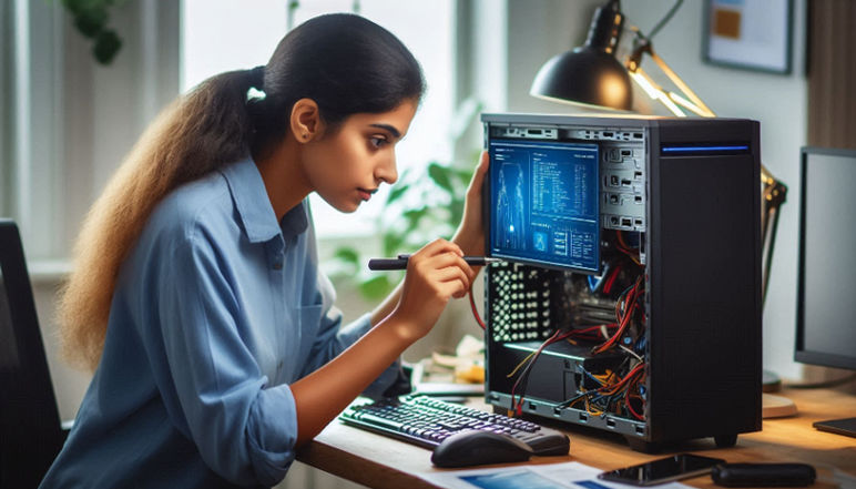 A computer technician in a blue shirt is examining a desktop PC’s internals while reviewing software settings on the screen.