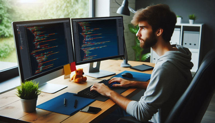 A male developer coding on his desktop computer with two large monitors.
