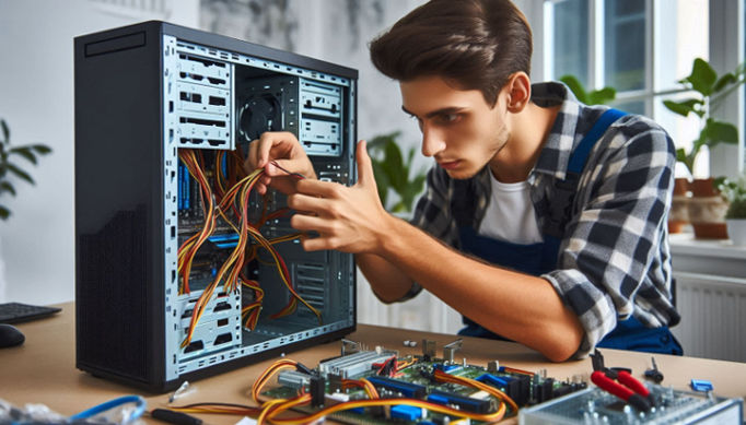 A young male technician meticulously assembles a computer desktop system unit, connecting cables, securing components, and ensuring everything fits.