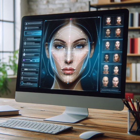 A computer screen displays the Digital Physiognomy software analyzing facial features to reveal personality traits and detailed character analysis.