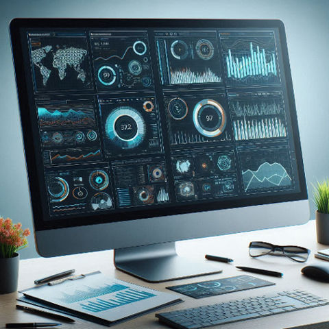 A desktop PC monitor displays software with various graphs, charts, and data visualizations on its screen, showcasing detailed analysis.