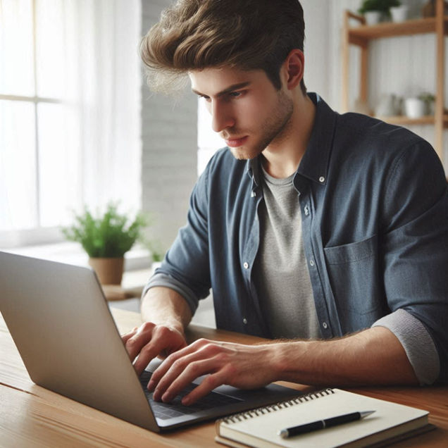 A man in a casual shirt is focused on a laptop screen, typing intently at a desk in a bright room.