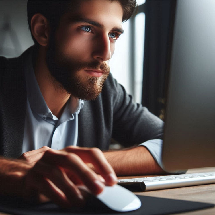 A man with a focused expression uses a computer, his hand gripping the mouse, while the screen remains off-camera.