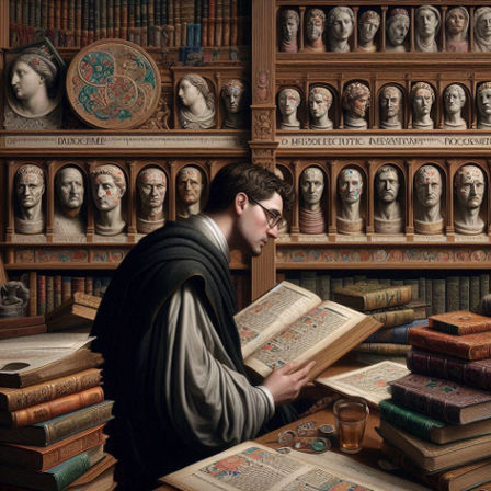 A scholar in a Renaissance library examines a book on physiognomy, surrounded by ancient texts and illustrations of facial profiles.