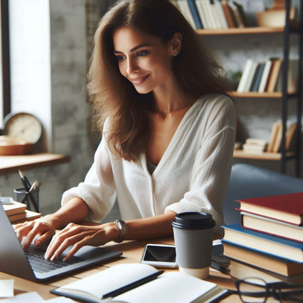 A woman, focused and smiling, types on her laptop at a desk surrounded by books and a coffee cup.