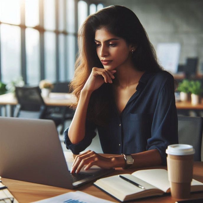 A woman sits at a desk in an office, focused on her laptop screen, with documents and a coffee mug nearby.