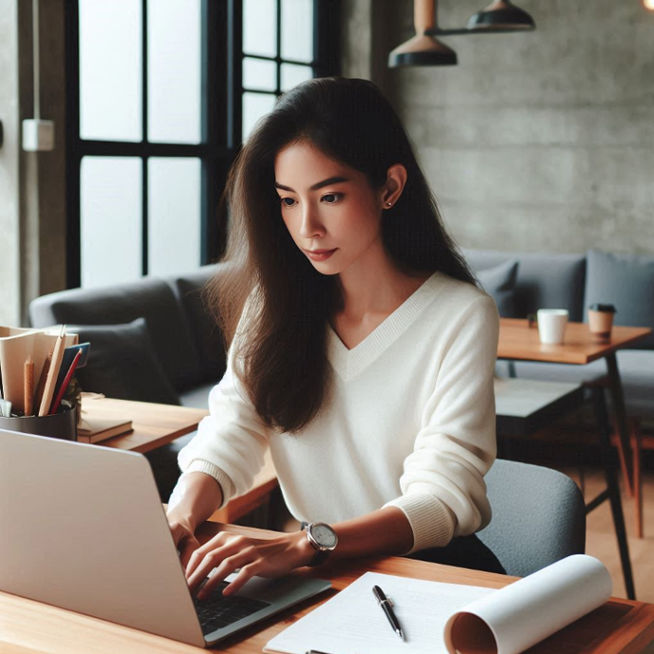 A woman sits at a table, intently working on her laptop, surrounded by a clean, minimalist workspace.