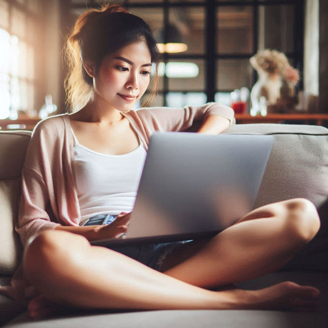 A woman sits comfortably on a couch, focused on her laptop, with a relaxed posture and a cozy ambiance.