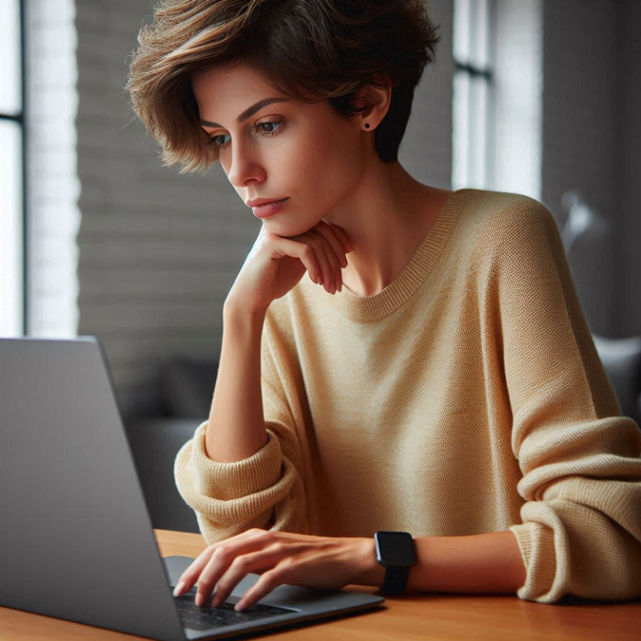 A woman with short hair types on a laptop at a modern desk, focused on the screen.