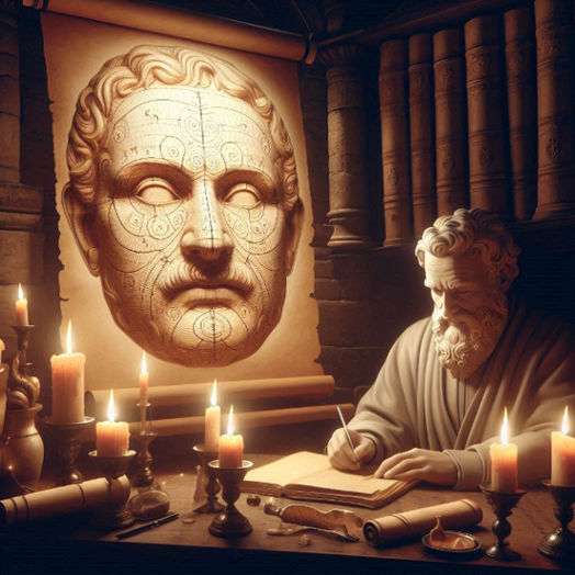An ancient scholar studies facial features in a candlelit room, surrounded by scrolls, symbolizing the historical exploration of physiognomy.