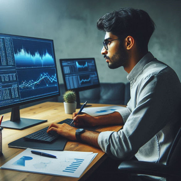 person sits at a computer, converting a graph into numerical data using specialized digitizing software on the screen.