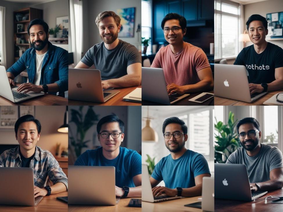 Remote software developers with AI-polished headshots working confidently from home setups.
