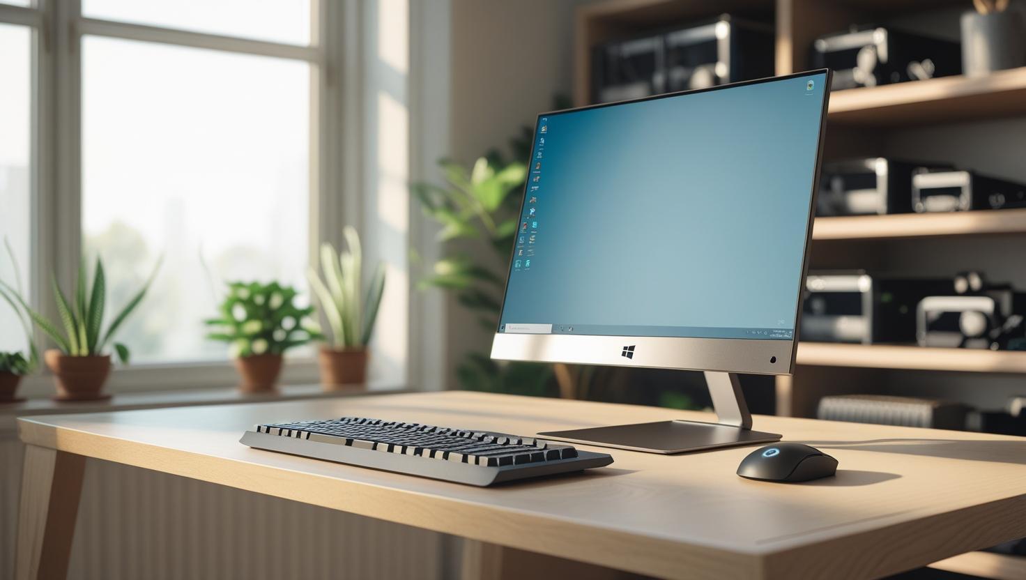 Modern computer desk with Windows 11 screen, keyboard, mouse, and natural lighting.
