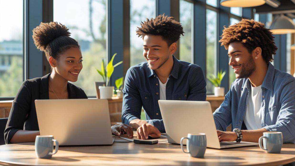 Three professionals collaborating on laptops in coworking space, discussing SEO software tools.