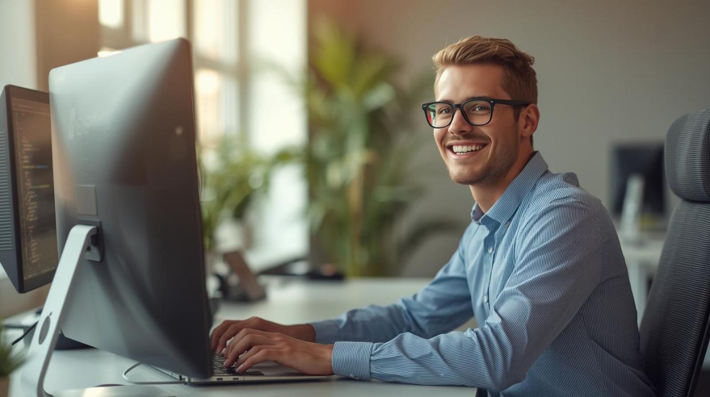 Smiling man at laptop in bright workspace showing positive creative software progress vibe.