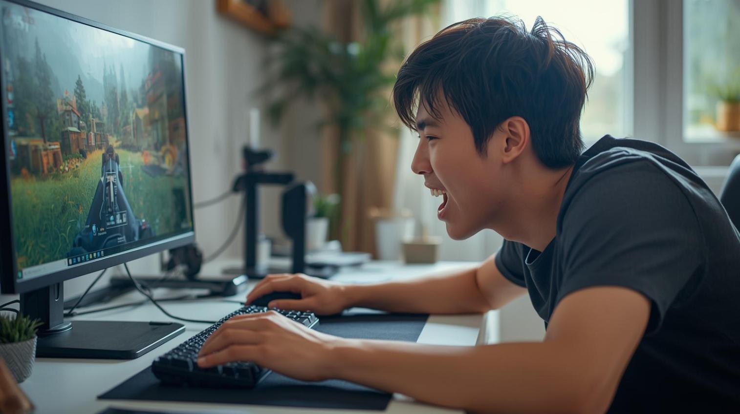Focused gamer reacting positively while playing competitive shooter on desktop setup indoors.